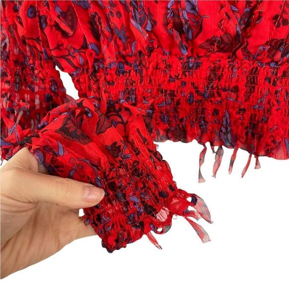 Red Floral Smocked Sheer Blouse Zara Fringing Cropped Top Long Sleeve Size XS - Picture 7 of 16